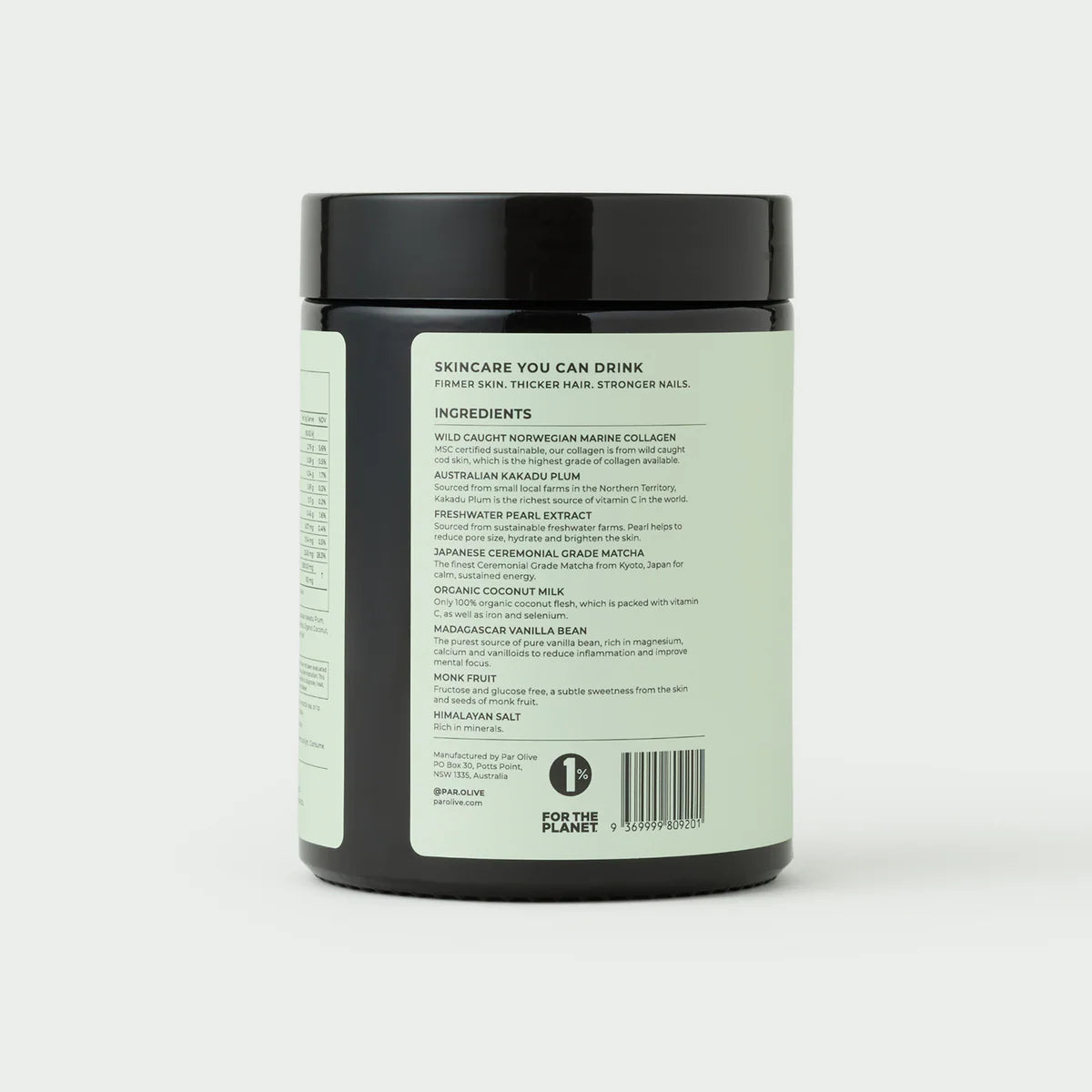 Par Olive Marine Collagen Superpowder Matcha – back label and ingredients