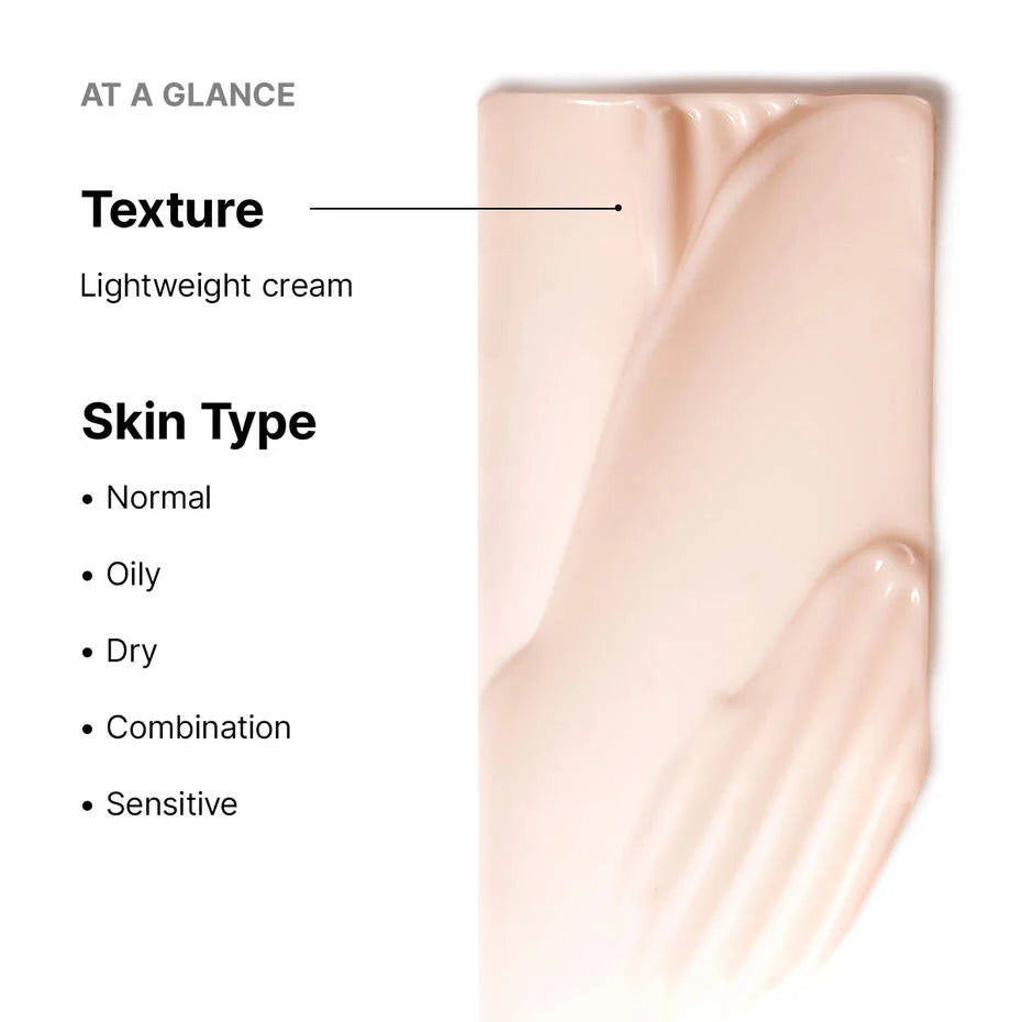 Lightweight cream texture with skin type compatibility information